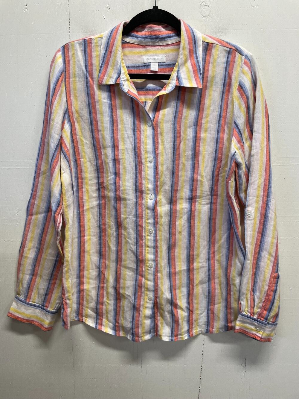 Charter Club Women's 100% Linen Long Sleeve Medium Blouse Multi-Color Stripes